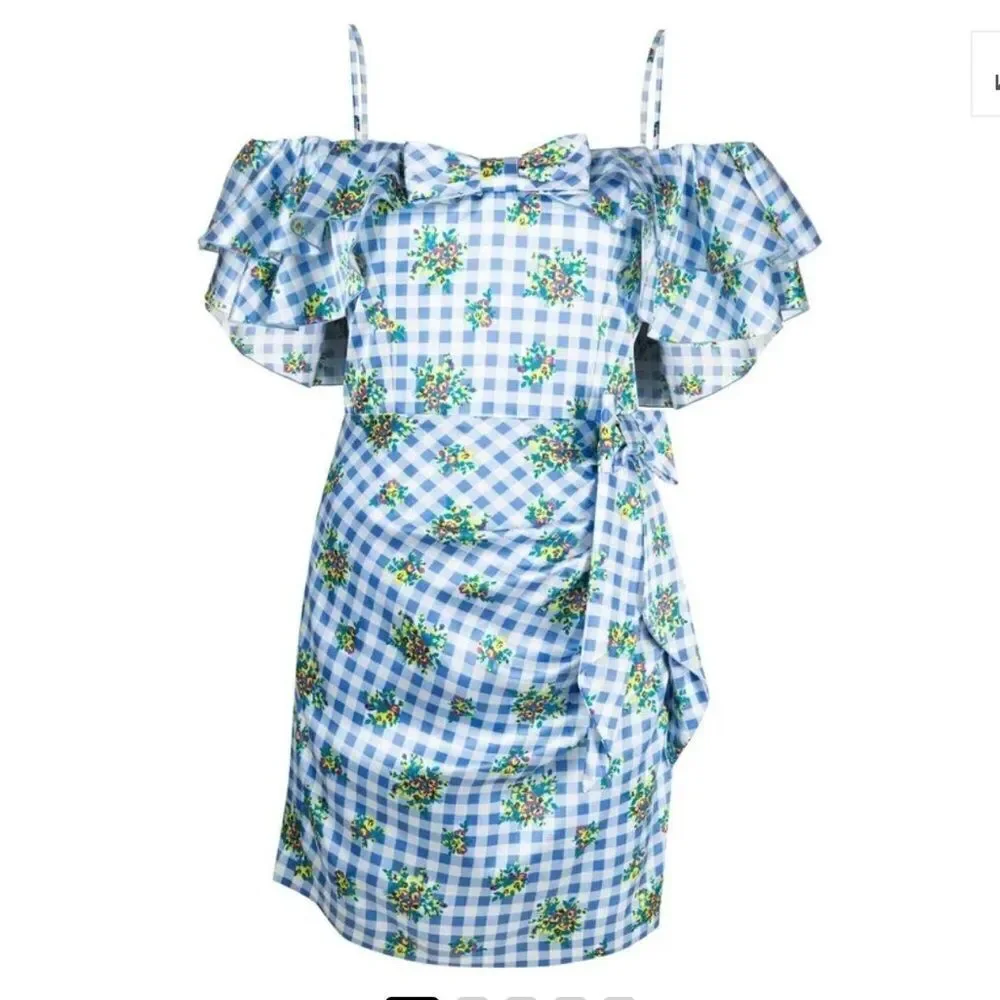 New ALESSANDRA RICH Off-Shoulder Floral Dress Medium Blue Gingham IT40/Small - Picture 14 of 16